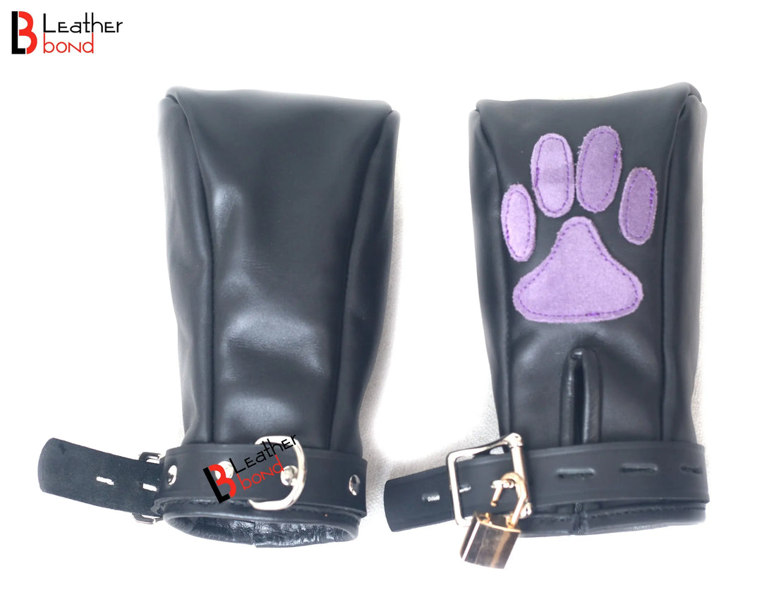 Real Cow Hide Leather Fist Mitts Gloves Restraint Bondage Lockable 2 Pieces  Full Black, Red Paws, Purple Paws Leather Bond