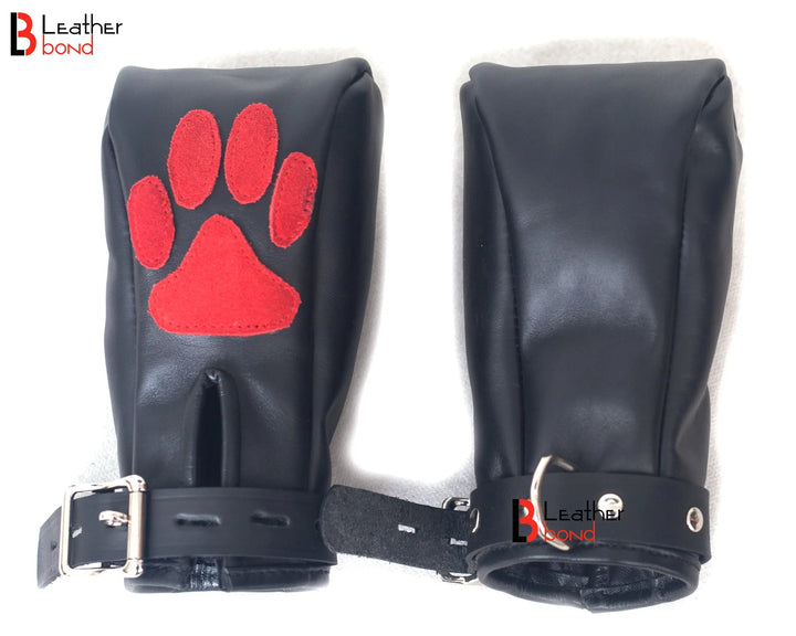 Real Cow Hide Leather Fist Mitts Gloves Restraint Bondage Lockable 2 Pieces  Full Black, Red Paws, Purple Paws Leather Bond