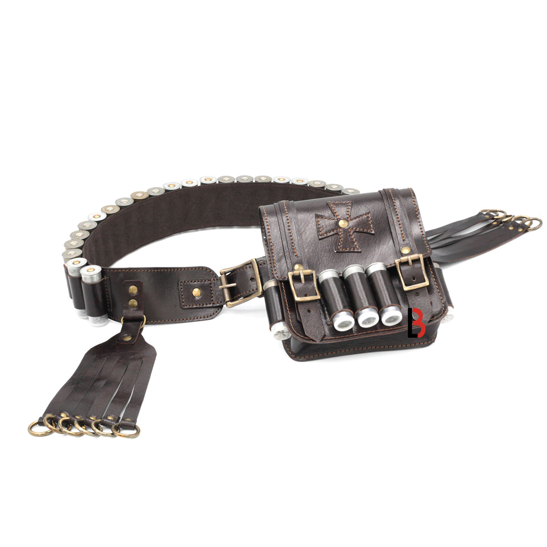 Cowhide Leather Bandolier Belt, Bird Hanger & Hunting Pouch 12 Gauge Cartridges