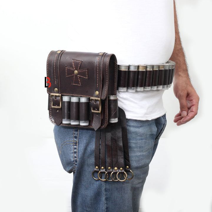 Cowhide Leather Bandolier Belt, Bird Hanger & Hunting Pouch 12 Gauge Cartridges