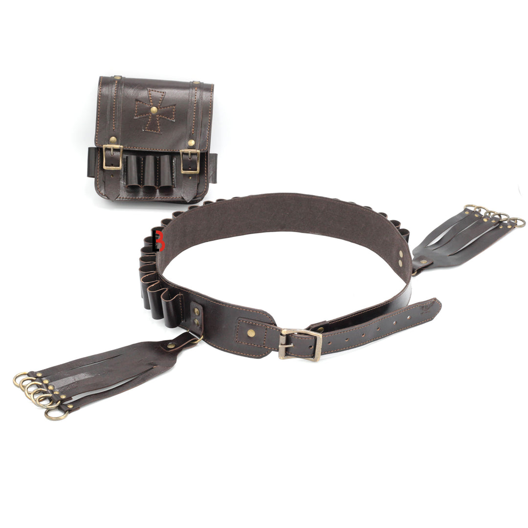 Cowhide Leather Bandolier Belt, Bird Hanger & Hunting Pouch 12 Gauge Cartridges