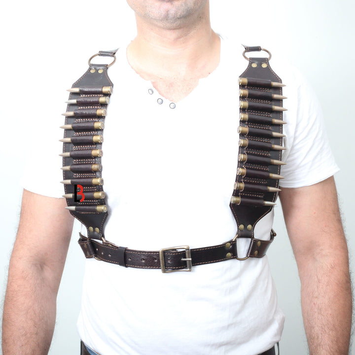 Cowhide Leather Rifle Cartridge Bandolier Belt and Chest Harness Hunting Ammo