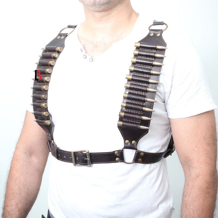 Cowhide Leather Rifle Cartridge Bandolier Belt and Chest Harness Hunting Ammo