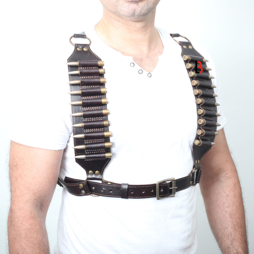 Cowhide Leather Rifle Cartridge Bandolier Belt and Chest Harness Hunting Ammo