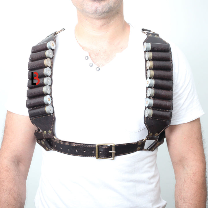 Cowhide Leather Shotshell Bandolier Belt and Shoulder Harness Hunting Ammo Pouch