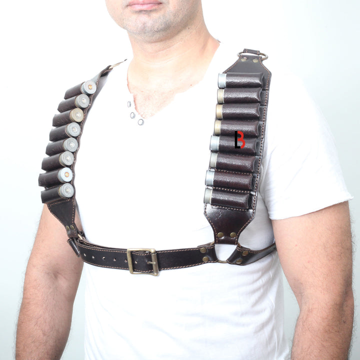 Cowhide Leather Shotshell Bandolier Belt and Shoulder Harness Hunting Ammo Pouch