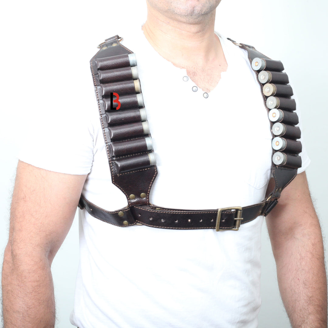 Cowhide Leather Shotshell Bandolier Belt and Shoulder Harness Hunting Ammo Pouch