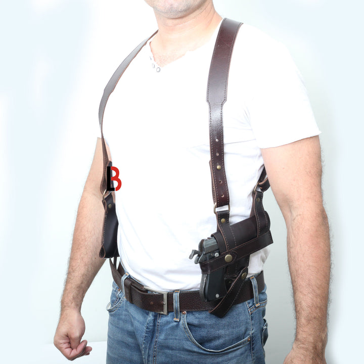 Handmade, Universal, Leather Shoulder Concealed Holster Horizontal & Double Mag