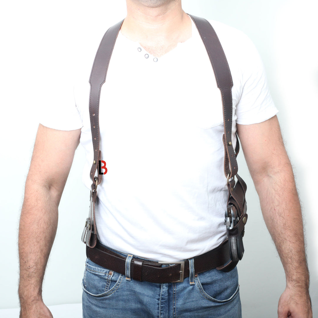 Handmade, Universal, Leather Shoulder Concealed Holster Horizontal & Double Mag