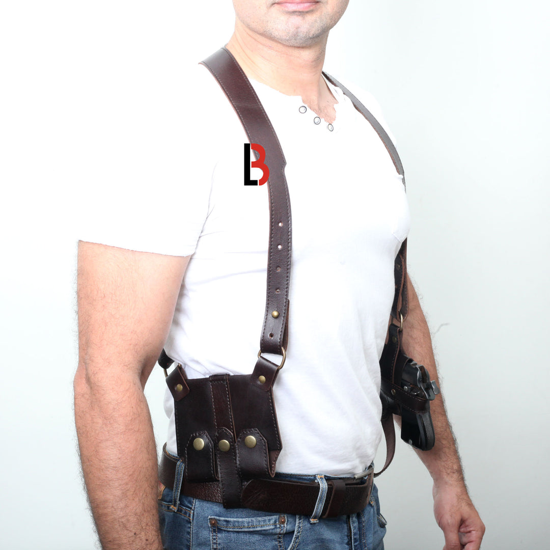 Handmade, Universal, Leather Shoulder Concealed Holster Horizontal & Double Mag