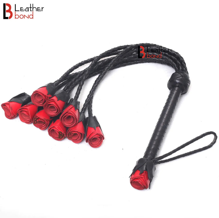 Real Genuine Cowhide Leather Flogger 9 Braided Falls Heavy Roses Cat-o-nine Tails Flog Red Purple and Black Leather Bond