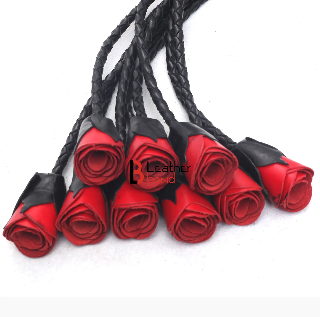 Real Genuine Cowhide Leather Flogger 9 Braided Falls Heavy Roses Cat-o-nine Tails Flog Red Purple and Black Leather Bond