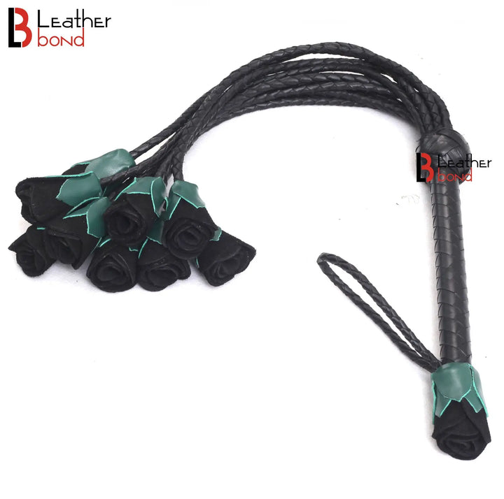 Real Genuine Cowhide Leather Flogger 9 Braided Falls Heavy Roses Cat-o-nine Tails Flog Red Purple and Black Leather Bond