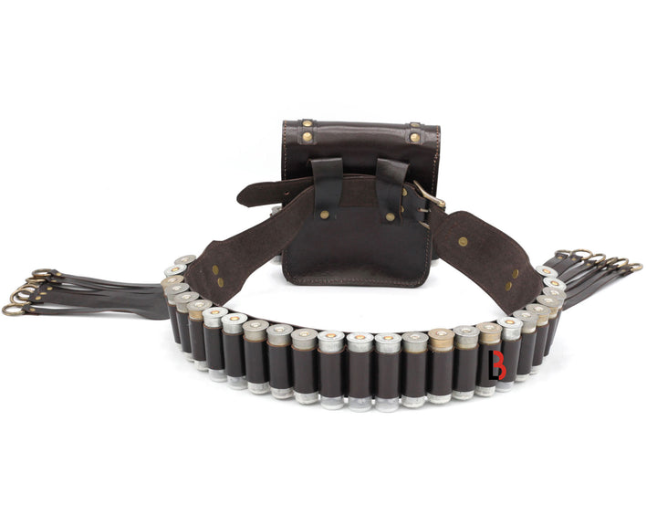 Cowhide Leather Bandolier Belt, Bird Hanger & Hunting Pouch 12 Gauge Cartridges