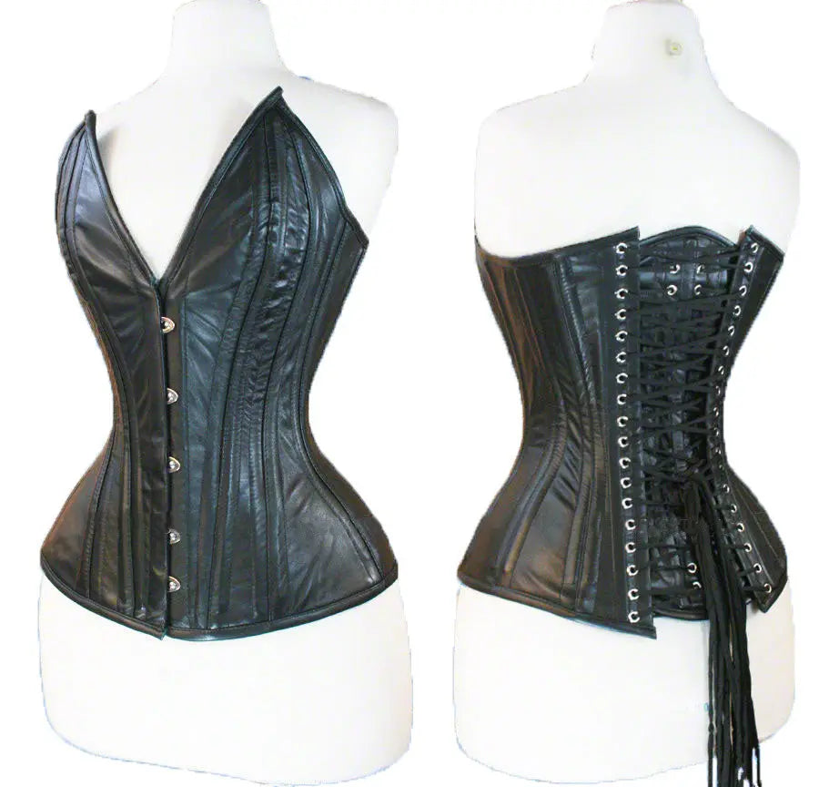 Genuine Real Sheep Leather & Stainless Steel Spiral Bones Over Bust Corset Black Leather Bond