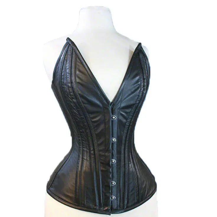 Genuine Real Sheep Leather & Stainless Steel Spiral Bones Over Bust Corset Black Leather Bond