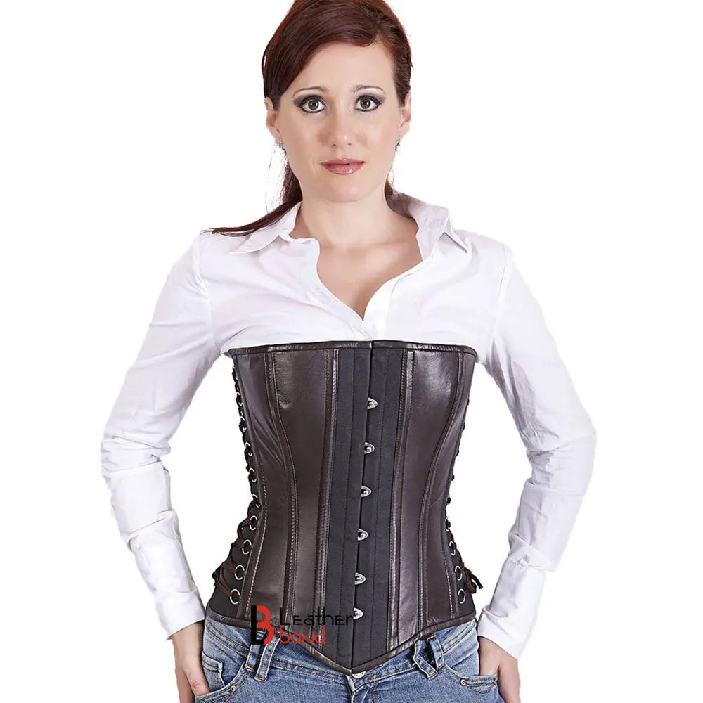 Genuine Real Sheep Leather & Stainless Steel Spiral Bones Over Bust Corset Brown Black Leather Bond