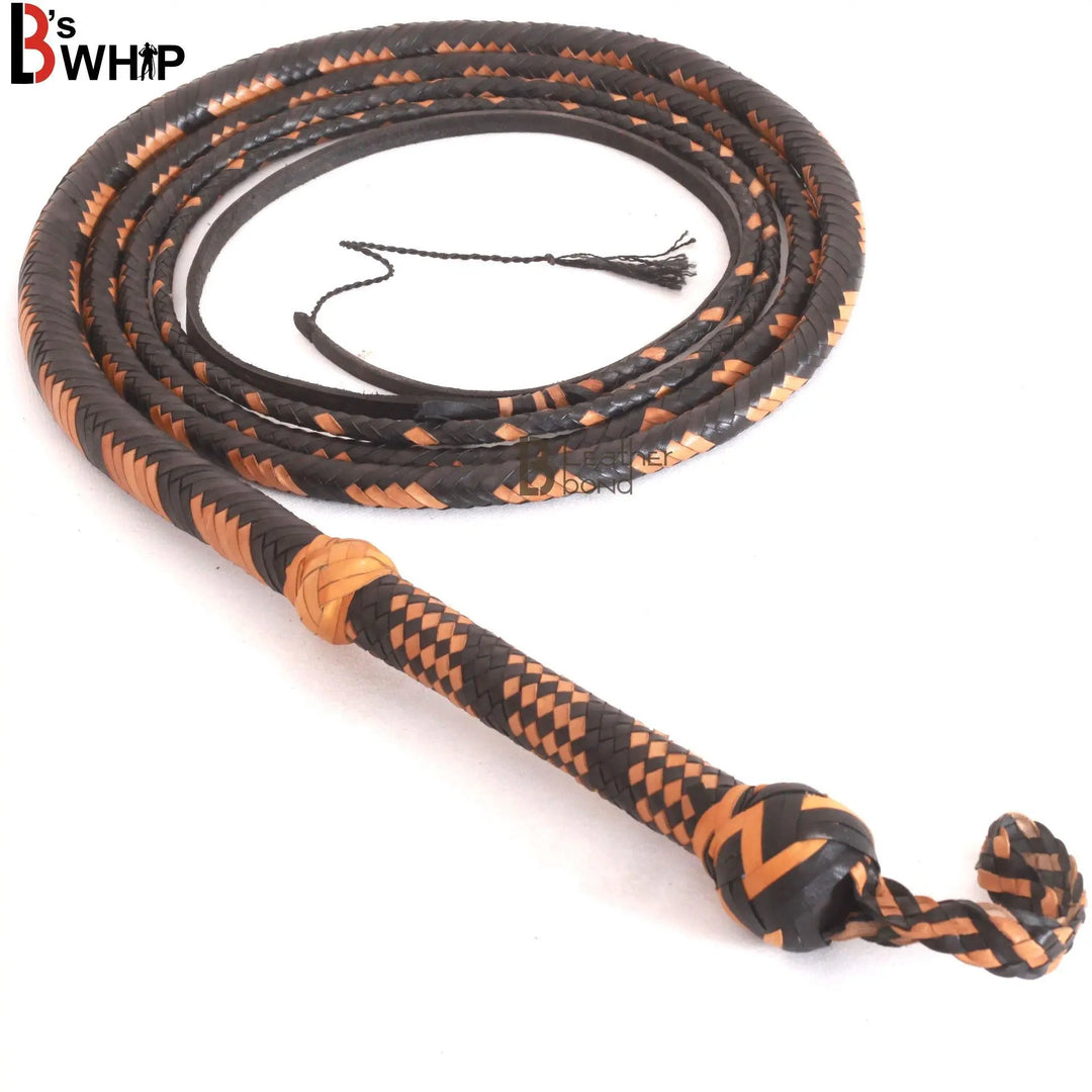 Bull Whip 6, 8, 10, 12, 14 & 16 Feet long 16 Strands Kangaroo Hide Tan Black Leather Equestrian Bullwhip Leather Belly and Bolster Inside, Indiana Jones - Leather Bond