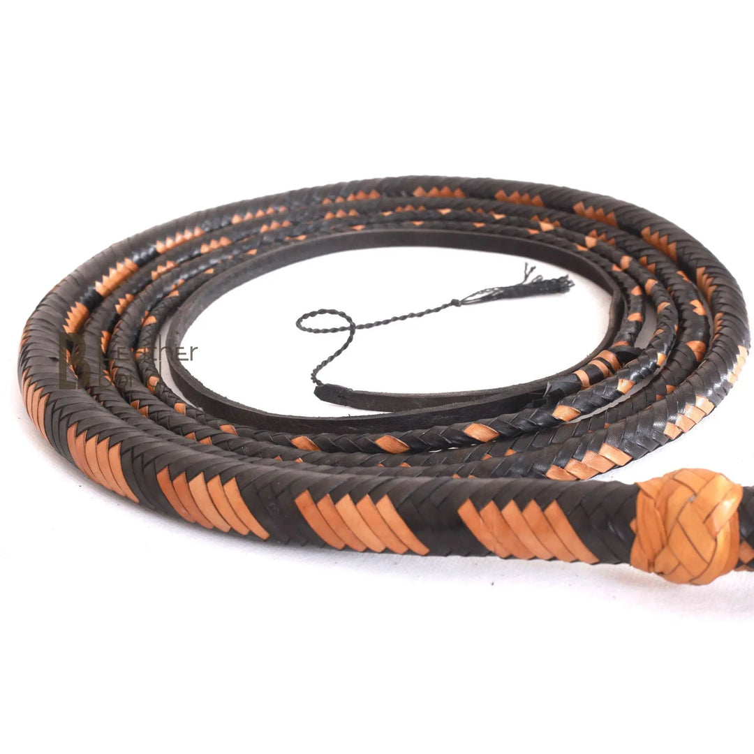 Bull Whip 6, 8, 10, 12, 14 & 16 Feet long 16 Strands Kangaroo Hide Tan Black Leather Equestrian Bullwhip Leather Belly and Bolster Inside, Indiana Jones - Leather Bond