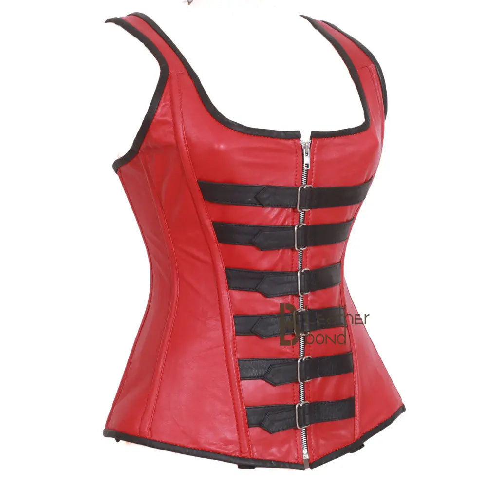 Genuine Real Sheep Leather & Stainless Steel Spiral Bones Over Bust Corset Red Leather Bond