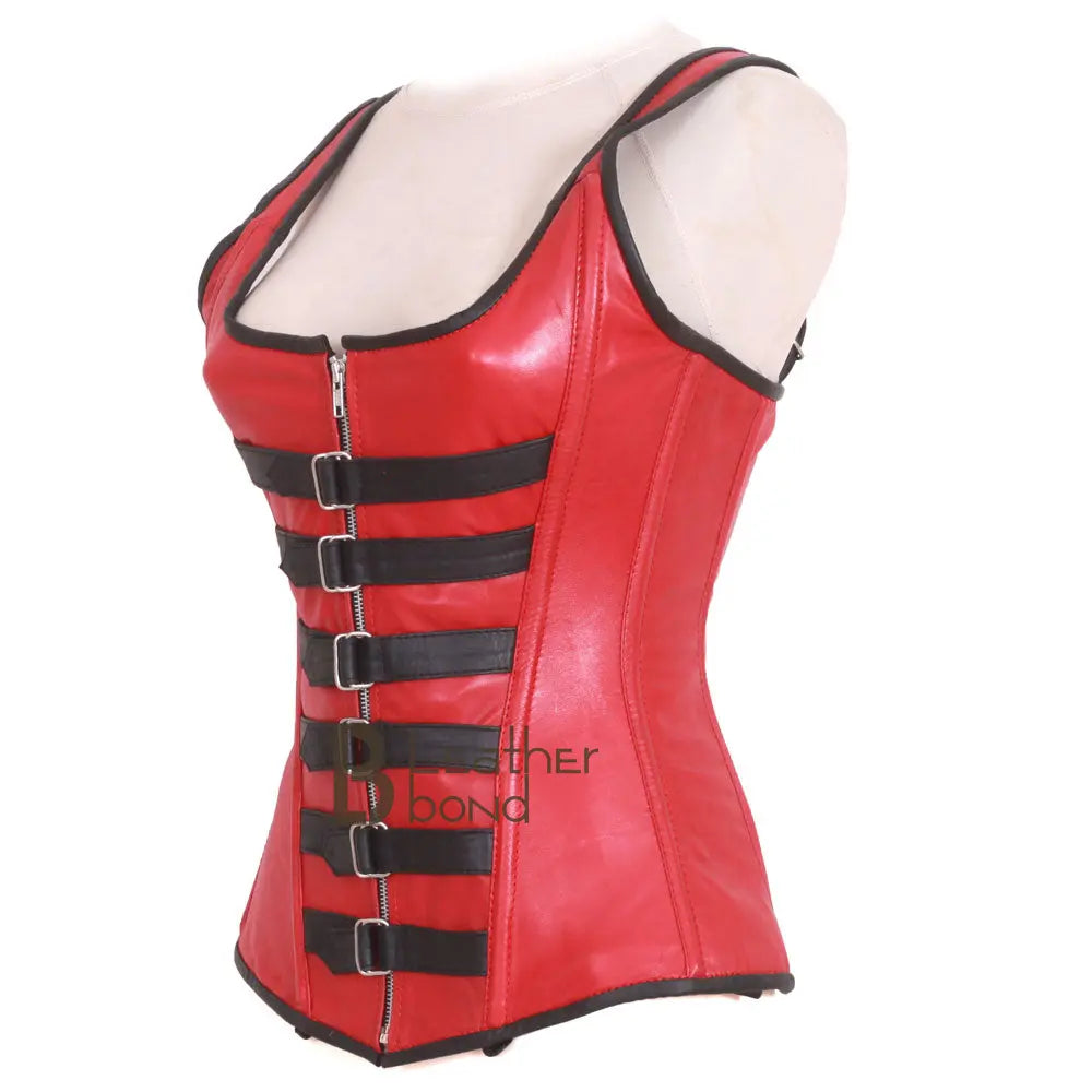 Genuine Real Sheep Leather & Stainless Steel Spiral Bones Over Bust Corset Red Leather Bond