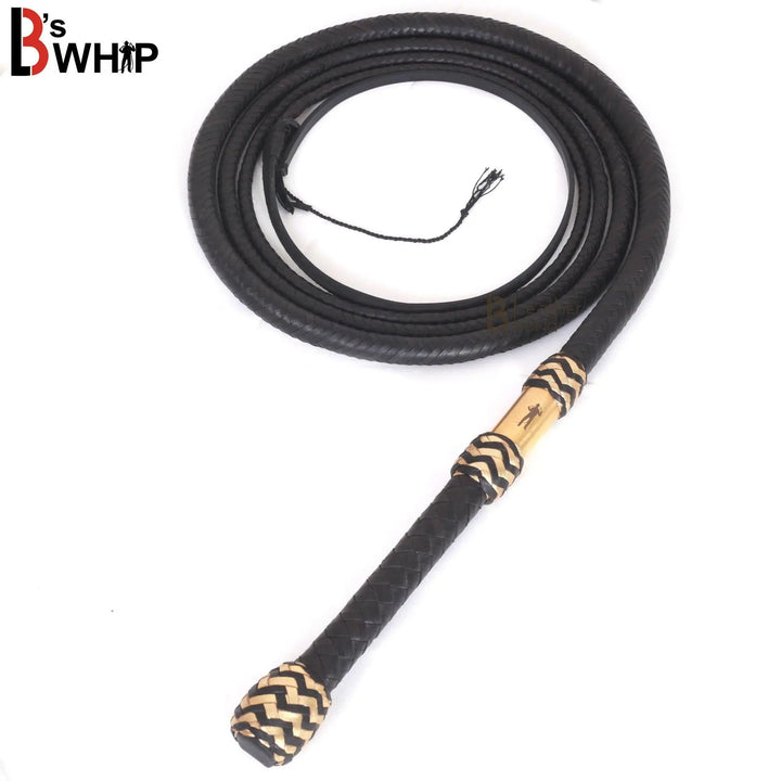 Bull Whip 6, 8, 10, 12, 14 & 16 Feet long 16 Strands Black Kangaroo Hide Leather Equestrian Bullwhip Gold Accents & Ferrule Leather Belly & Bolster Construction - Leather Bond