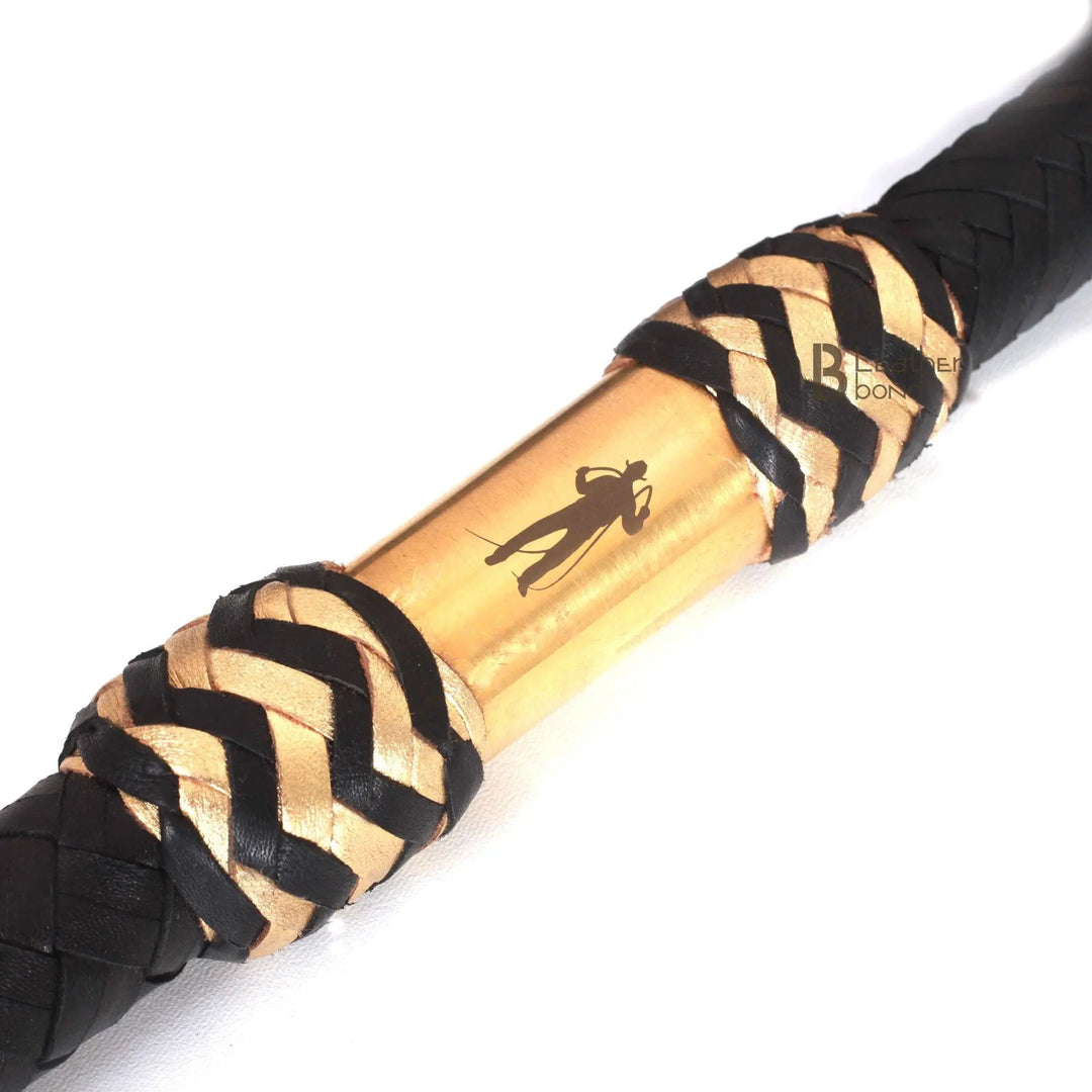 Bull Whip 6, 8, 10, 12, 14 & 16 Feet long 16 Strands Black Kangaroo Hide Leather Equestrian Bullwhip Gold Accents & Ferrule Leather Belly & Bolster Construction - Leather Bond