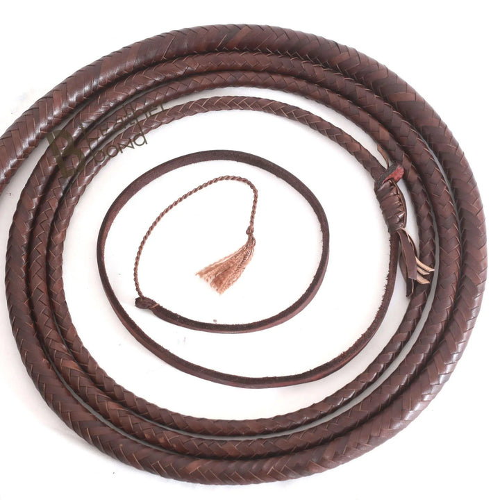 Bull Whip 6, 8, 10, 12, 14 & 16 Feet long 16 Strands Brown Kangaroo Hide Leather Equestrian Bullwhip Gold Accents & Ferrule Leather Belly & Bolster Construction - Leather Bond