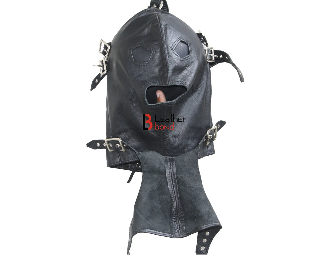 Cowhide Leather Mask Hood Costume Reenactment Gear remove-able Blindfold & mouth cover Leather Bond