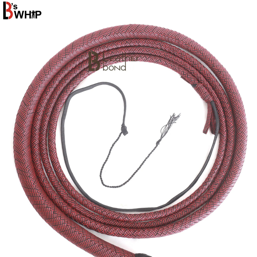 Red & Black Paracord Bullwhip 06 & 08 Feet long 12 Strands Bullwhip Para Cord Nylon Bull Whip - Leather Bond