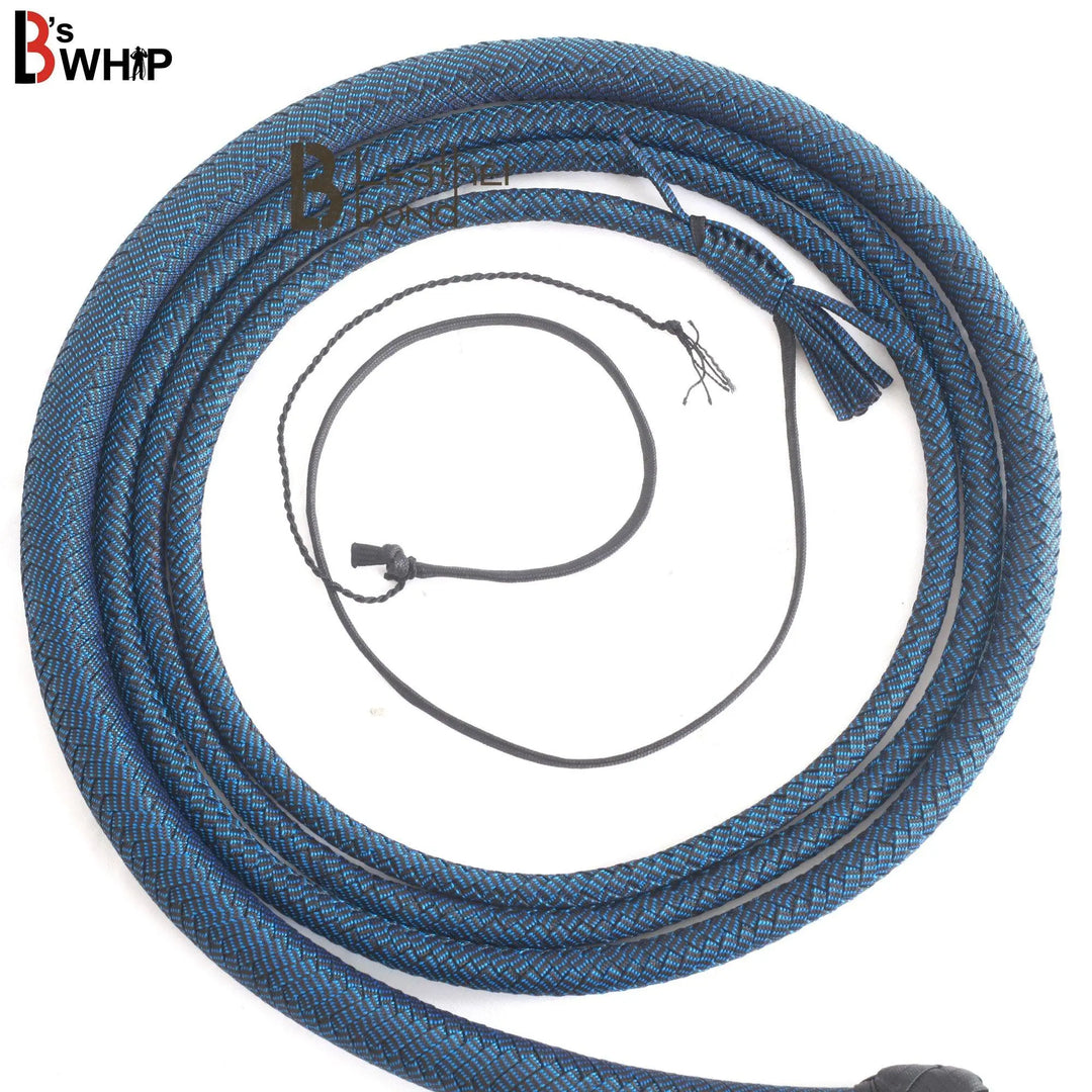 Blue & Black Paracord Bullwhip 06 & 08 Feet long 12 Strands Bullwhip Para Cord Nylon Bull Whip - Leather Bond