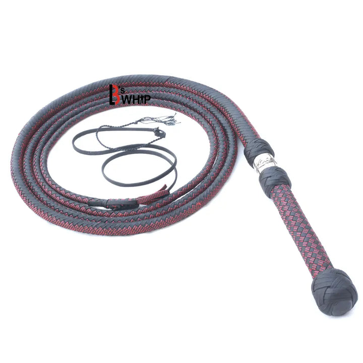 Zoro Whip 6, 8, 10, 12, 14 and 16 Feet long 16 Strands Zoro Bullwhip Black Para Cord Nylon Bull Whip with Leather Plaited Bellies - Leather Bond