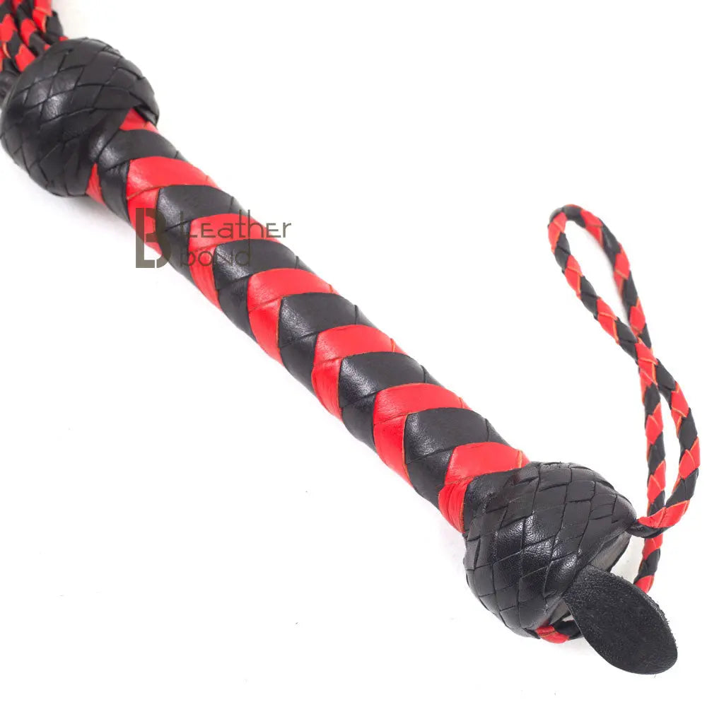 Real Genuine Cow Hide Leather Flogger Red & Black Cat O Nine Braided Falls Heavy Steel Studs - Leather Bond