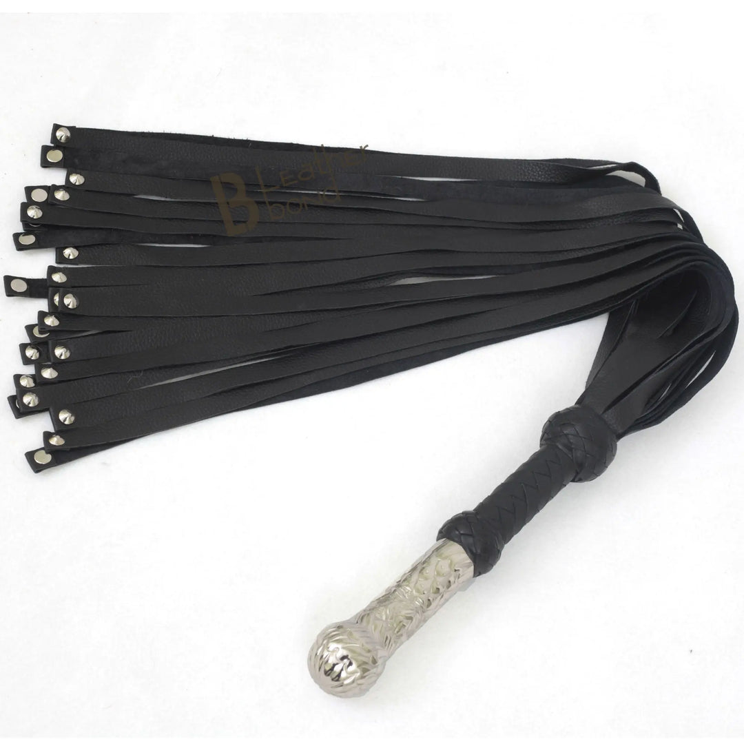 Real Genuine Cow Hide Leather Flogger 25 Falls Black Heavy & Steel Studded - Leather Bond