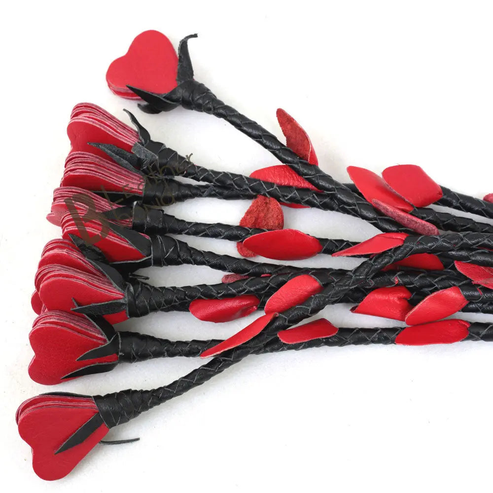 Real Genuine Cow Hide Leather Flogger 9 Braided Falls with Red Hearts Heavy Duty Cat-o-Nine Fully Handmade - Leather Bond