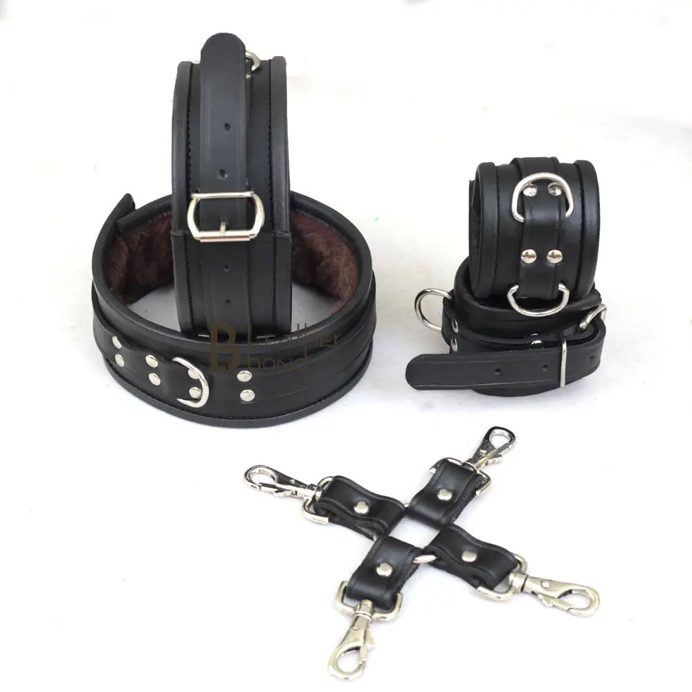 Real Cowhide Leather Wrist & Thigh Cuffs set Restraint Bondage Set Black 5 Piece set Fur line Cuffs with Hogtie - Leather Bond