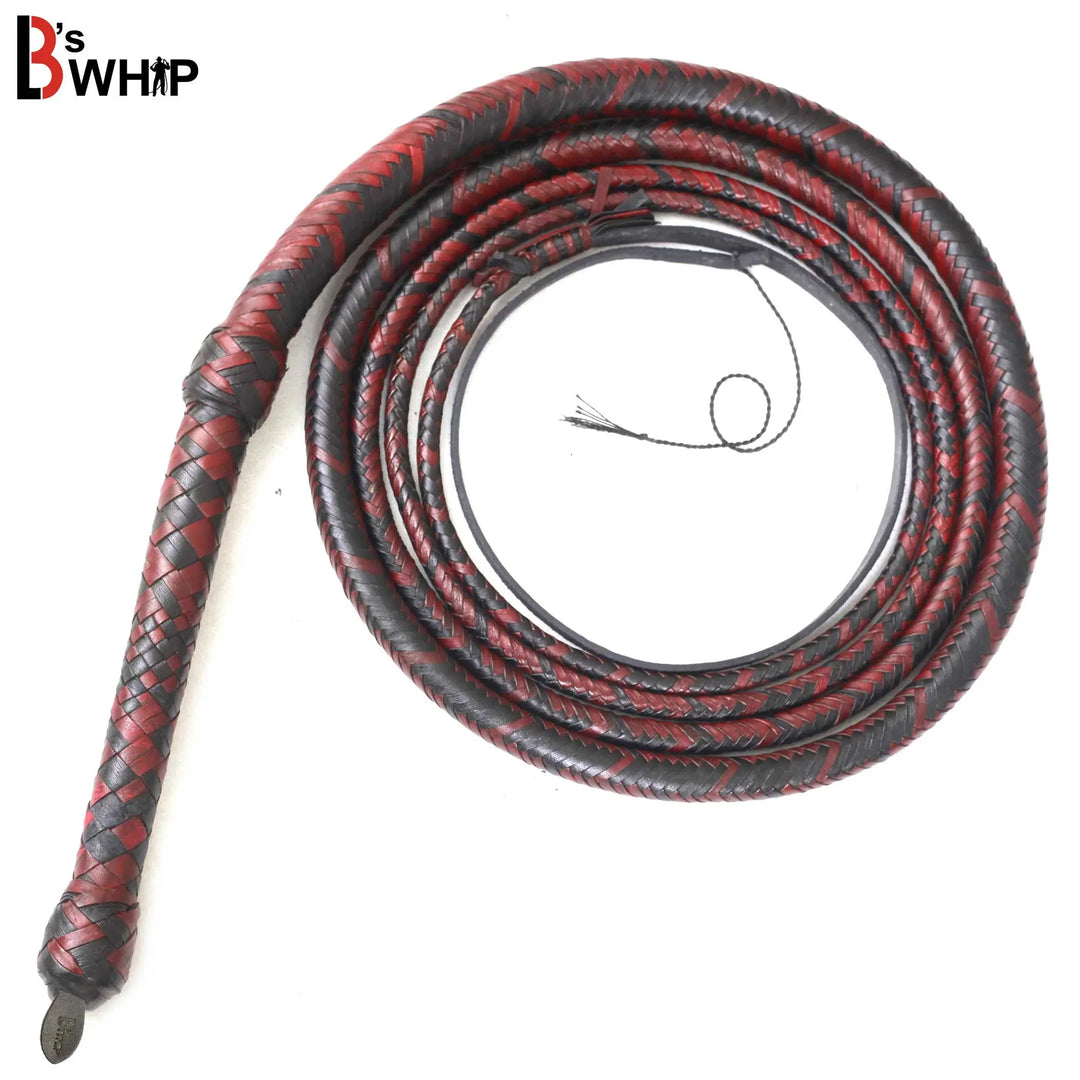 Bull Whip 6, 8, 10, 12, 14 & 16 Feet long 16 Strands Kangaroo Hide Leather Equestrian Bullwhip Leather Belly and Bolster Inside, Indiana Jones Red and Black LB's Whip