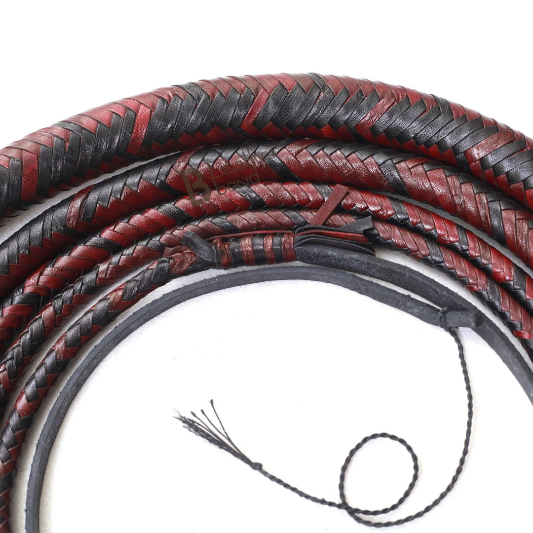 Bull Whip 6, 8, 10, 12, 14 & 16 Feet long 16 Strands Kangaroo Hide Leather Equestrian Bullwhip Leather Belly and Bolster Inside, Indiana Jones Red and Black - Leather Bond