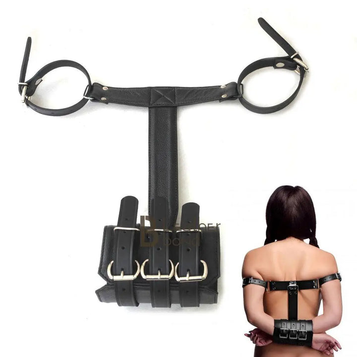 100% Genuine Leather Back Wrist & Bicep Cuffs Restraint Bondage Back Slave BDSM - Leather Bond