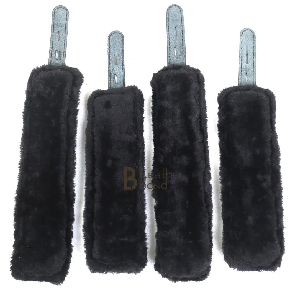 Real Cowhide Suede Leather Wrist and Ankle Cuffs Restraint Bondage Set Black 5 Piece Padded Fluffy Fur Lining - Leather Bond