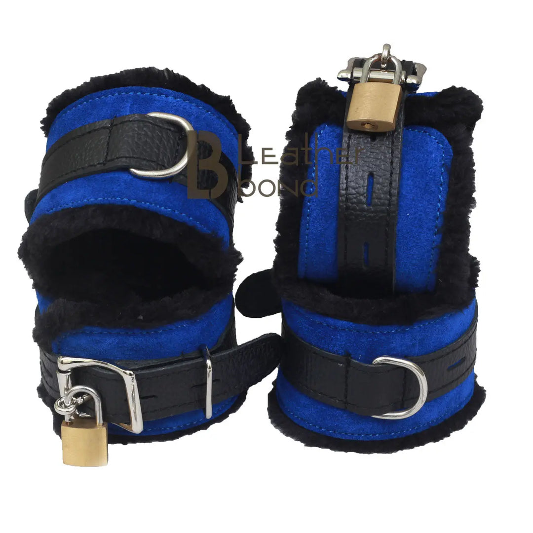 Real Cowhide Suede Leather Wrist and Ankle Cuffs Restraint Bondage Set Blue & Black 5 Piece Padded Fluffy Fur Lining - Leather Bond