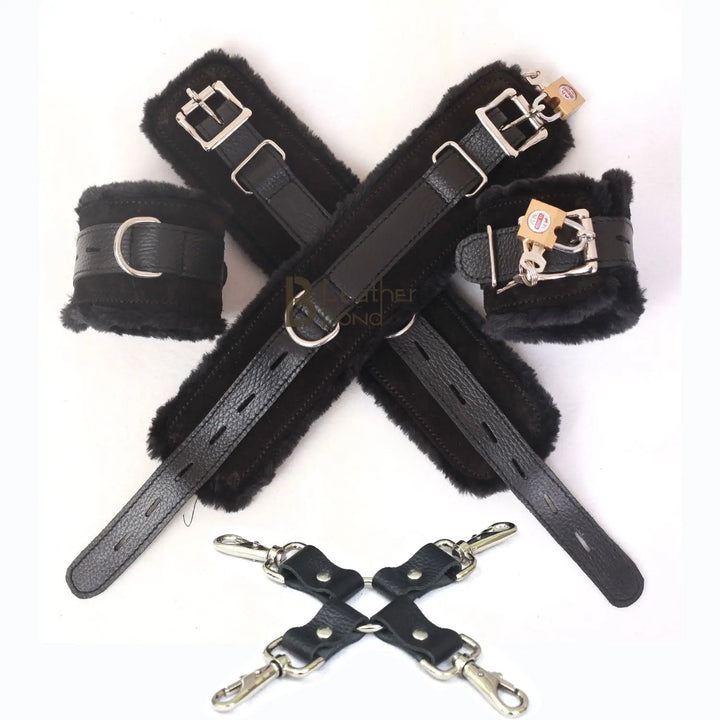 Real Cowhide Suede Leather Wrist and Ankle Cuffs Restraint Bondage Set Black 5 Piece Padded Fluffy Fur Lining - Leather Bond