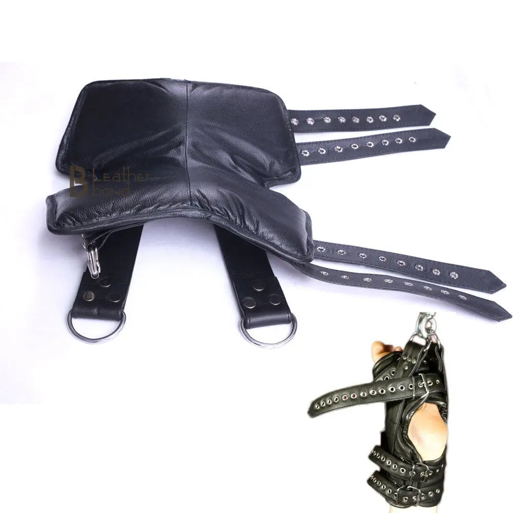 Real Strong Leather Ankle Boot Cuffs , Suspension Restraint Bondage Set 2 Pieces Black - Leather Bond