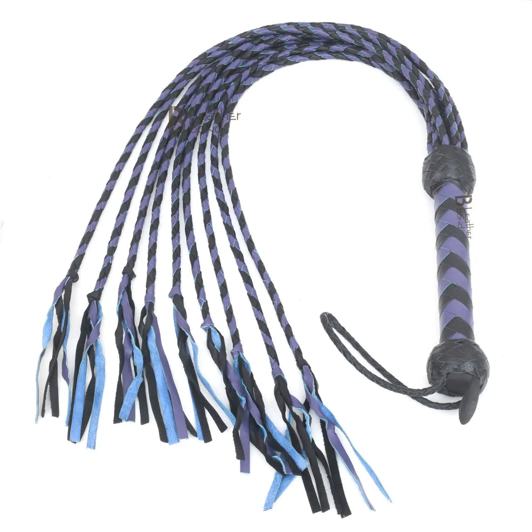 Real Genuine Cow Hide Leather Flogger Cat O Nine Braided Falls Purple & Black - Leather Bond