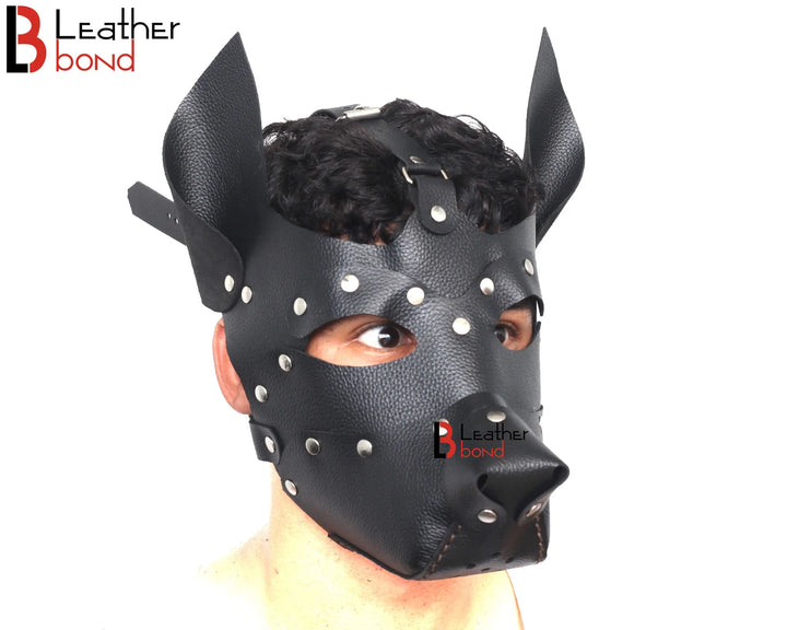 Genuine Cowhide Leather Puppy Dog Mask Hood Costume Reenactment Gear Puppy or Pet play Mask Handmade Leather Bond