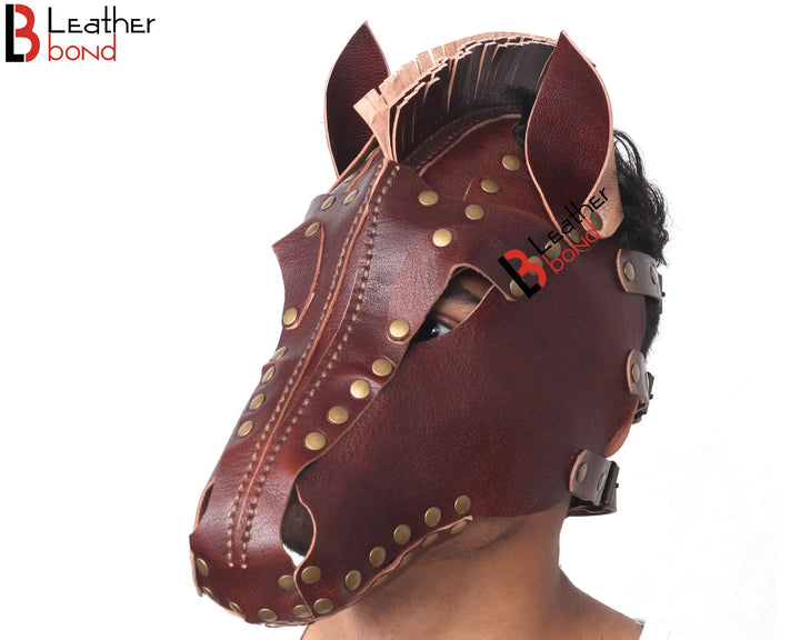 Genuine Cowhide Leather Horse Mask Hood Costume Reenactment Gear Halloween Mask Handmade Leather Bond