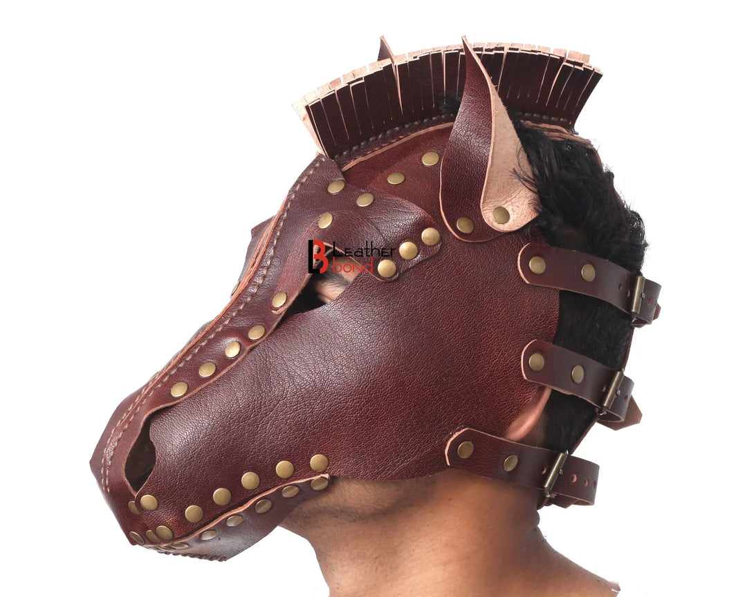 Genuine Cowhide Leather Horse Mask Hood Costume Reenactment Gear Halloween Mask Handmade Leather Bond