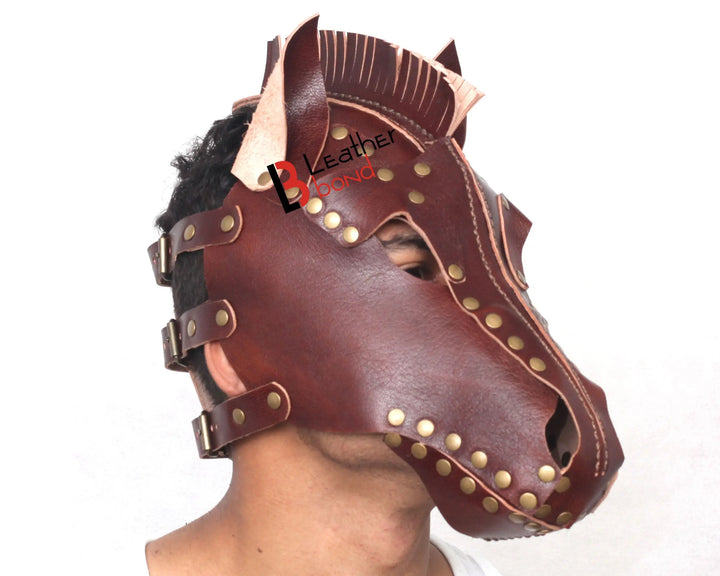 Genuine Cowhide Leather Horse Mask Hood Costume Reenactment Gear Halloween Mask Handmade Leather Bond