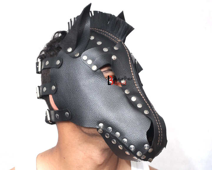 Genuine Cowhide Leather Horse Mask Hood Costume Reenactment Gear Halloween Mask Handmade Leather Bond