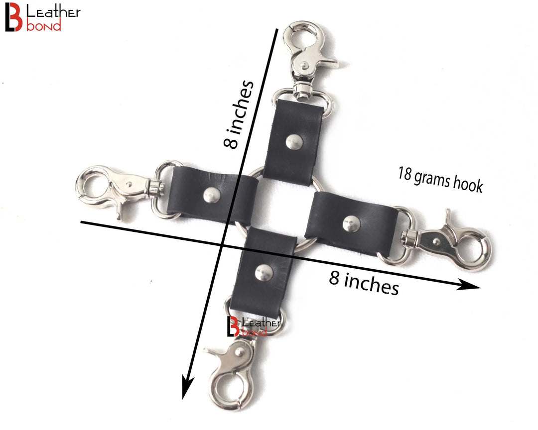 Bondage Hog Tie Connector Four way Swivel Snap Clips and Leather Straps Total 8 inches long Leather Bond